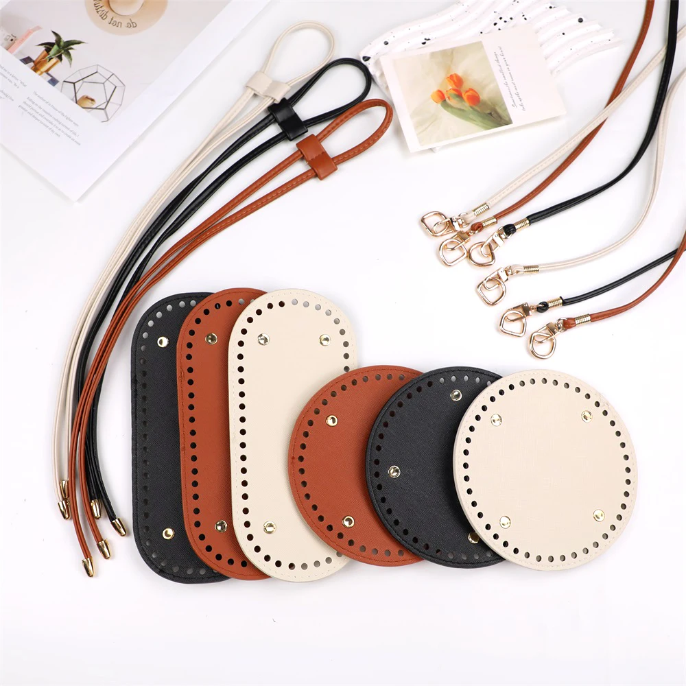 

3Pcs/set Handmade Bag Bottom PU Leather Bucket Bag Base with Shoulder Strap For Knitted Bags DIY Crochet Bag accessories