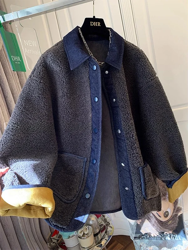 

Men's Thiened Large Size 300 Pou Premium Feel Denim Patchwork Lamb Fur Leather Jaet Winter Loose Coat Youth Faion