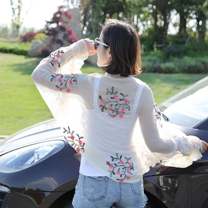 2025 Summer New Women Long Casual Embroidered Floral Sun Protection Sleeves Beach Shawl Shirt Chiffon Driving Scarf Arm Warmers