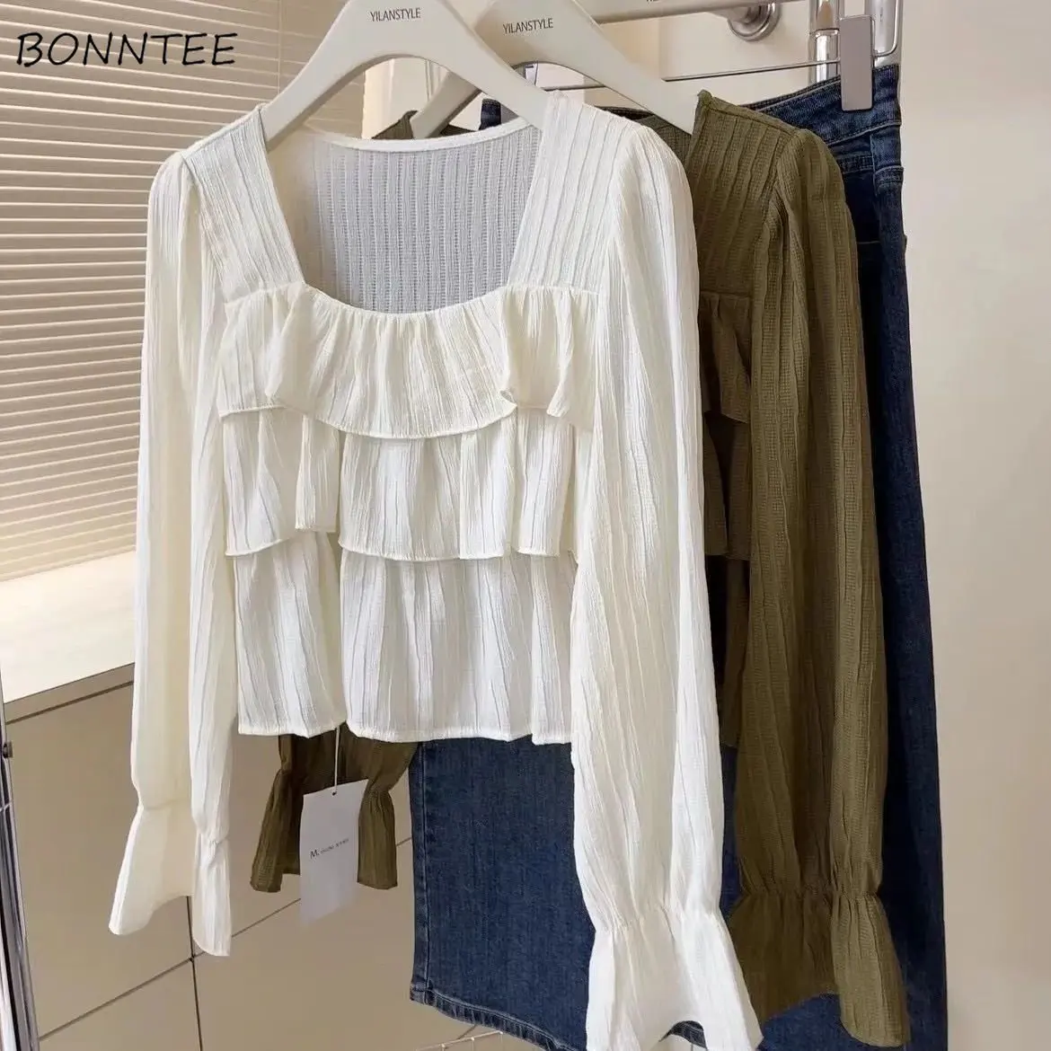 Blouses Women Square Collar Sweet Korean Style Aesthetic Solid All-match Chic Spring Tender Femme Holiday Leisure Stylish Blusas