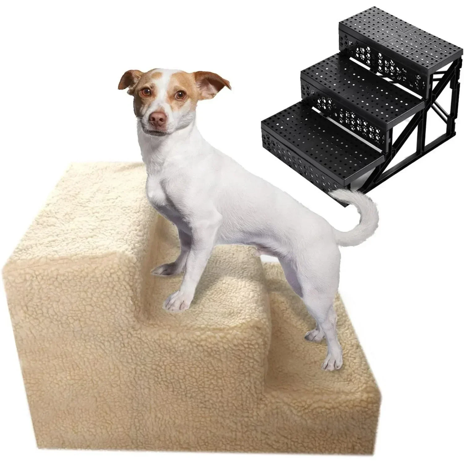 Clearance! Pet Stairs 3 Steps Indoor Dog Cat Steps Ramp Ladder for Puppies Up to 55 lbs, Beige