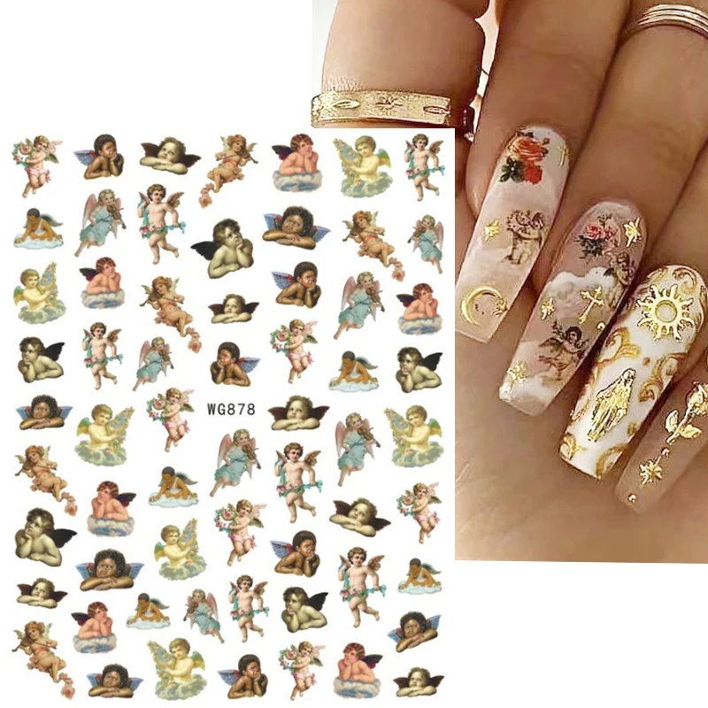 Angel Flower Pattern Nail Stickers Cupid Self-Adhesive Nail Decals 3D DIY Tips Nail Art Decorations Nail Design Manicure Wrap