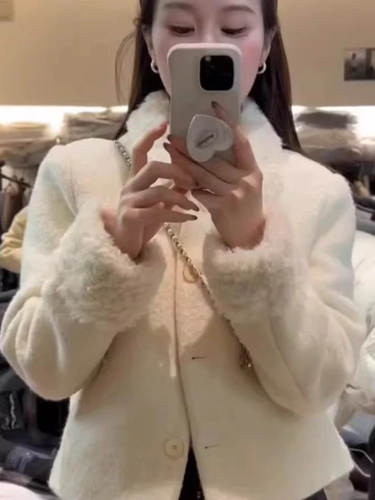 Abrigo corto de lana estilo coreano con cuello de piel de cordero, ropa de moda para mujer, ropa de otoño e invierno, chaquet...