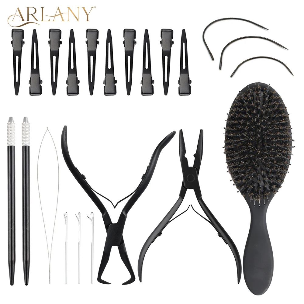 

ARLANY Hair Extension Pliers Kit for Sewing Weft Extensions Microlink Pliers for MIcro Beads Boar Bristle Hair Brush Metal Clips