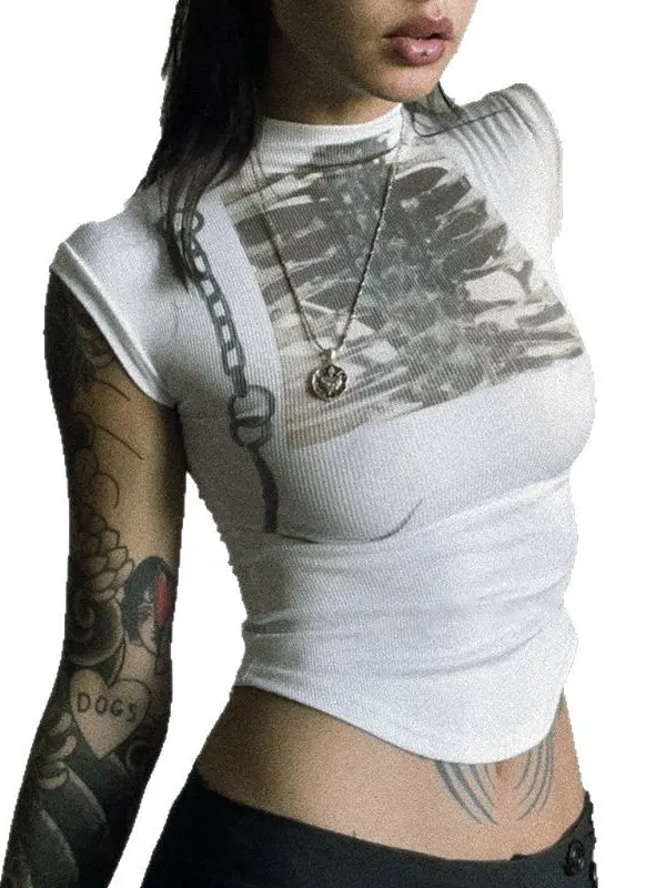 Alta ne apertado ort sve camiseta impressa f gola alta bodycon topo mistura de poliéster senhoras faion casual camiseta