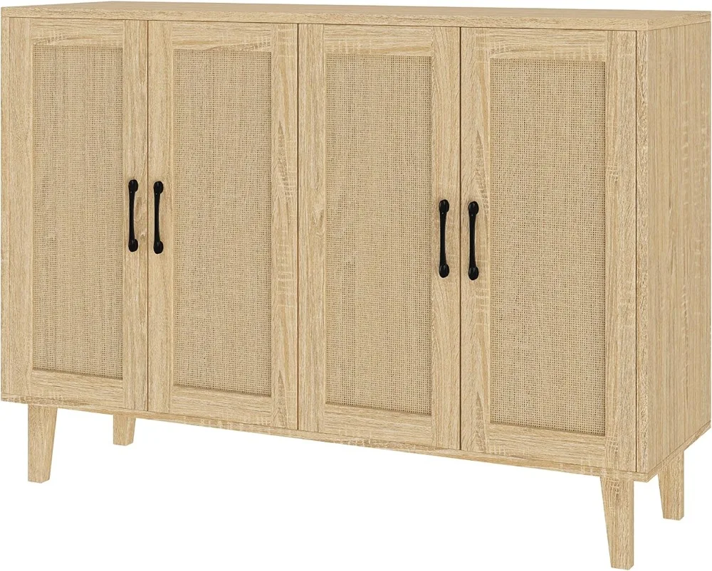 Panana Buffet Lagers chrank mit Rattan Dekoration 4 Türen Wohnzimmer Küche Side board 48,43x34,65x15 Zoll