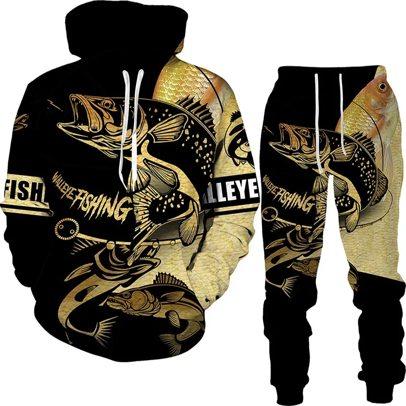 New 3D Fishing Art Print Casual Couple Hoodies Outfits Hip Hop Streetwear Hooded Sweatshirt Sweat Pants Men Boy Kids Outdoor
