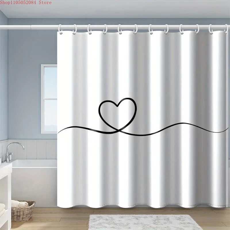 1pc 180x180cm white minimalist heart shaped shower curtain -   With Hooks Waterproof Mildew Proof Easy Install Washable