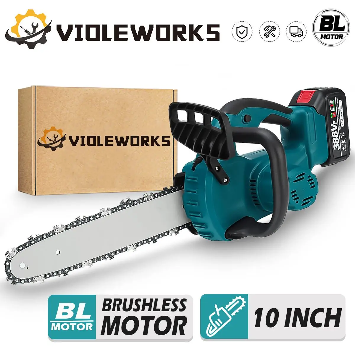 

VIOLEWORKS 10 Inch Brushless Motor Electric Saw 5000W Chainsaw Rechargeable Li-ion Battery Woodworking Tool for Makita 18V