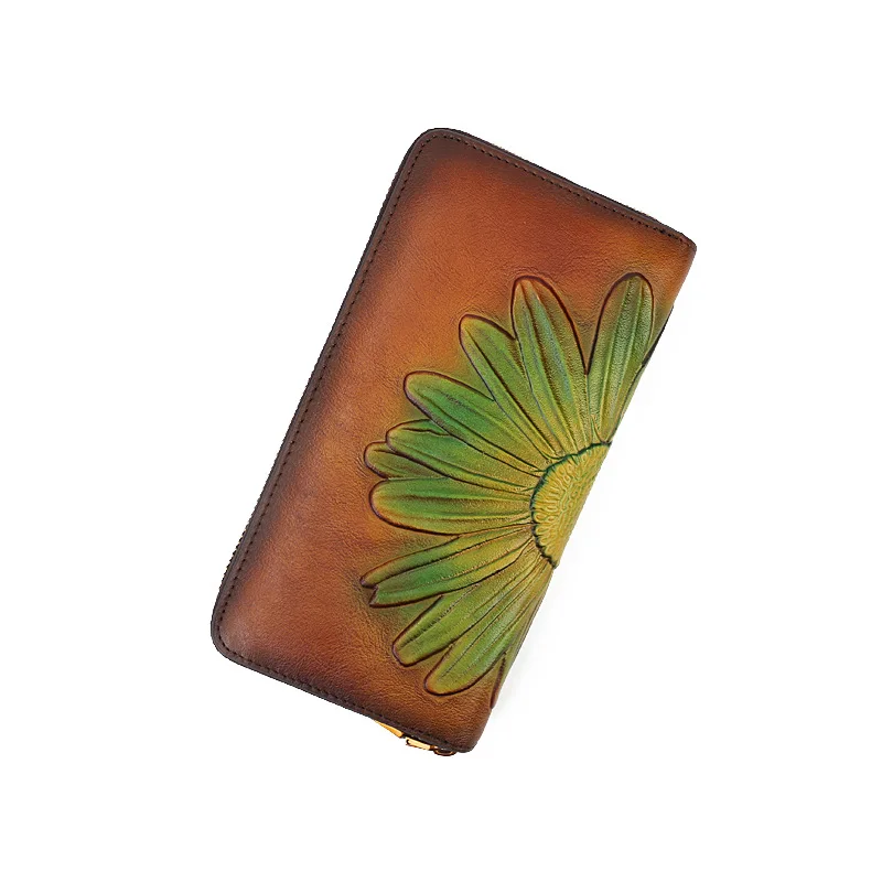 กระเป๋าสตางค์หนังแท้สไตล์เรโทรสไตล์ดอกไม้สไตล์ชาติพันธุ์ ซิปยาว กระเป๋าสตางค์ผู้หญิงมือถือความจุขนาดใหญ่