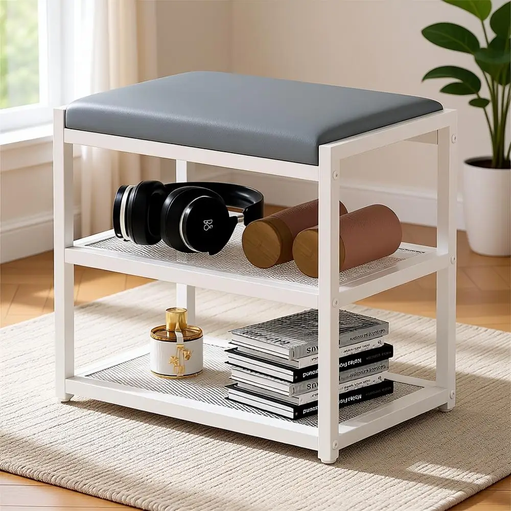 

Compact Storage Ottoman, Vanity Chair for Makeup, Ideal for Small Spaces, Suitable for Living Room, Bedroom, and Bathroom, White