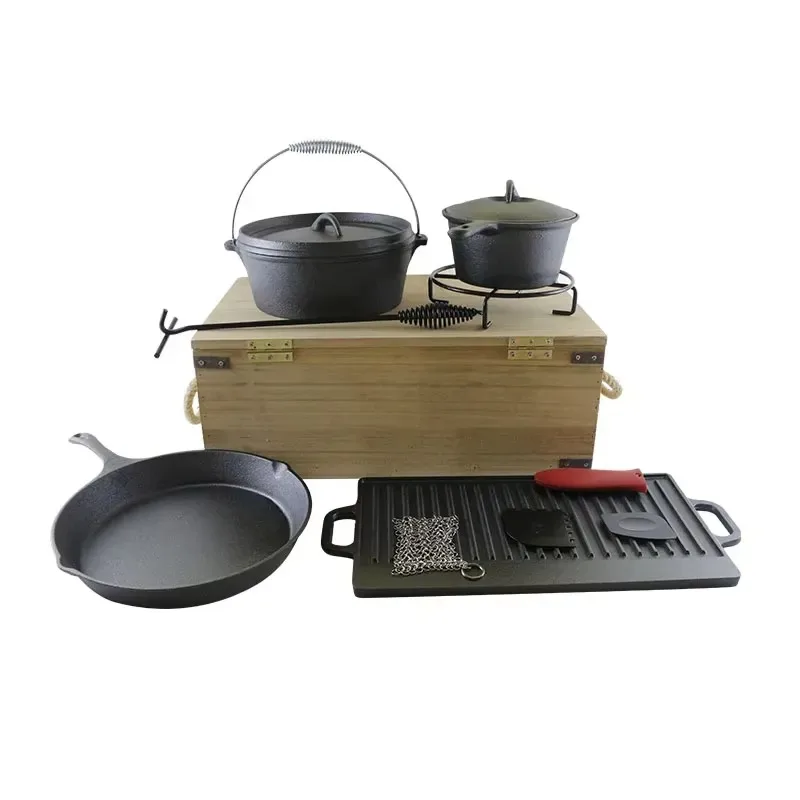 11 pcs outdoor camping cast iron cookware set wooden box manufacturer retail
