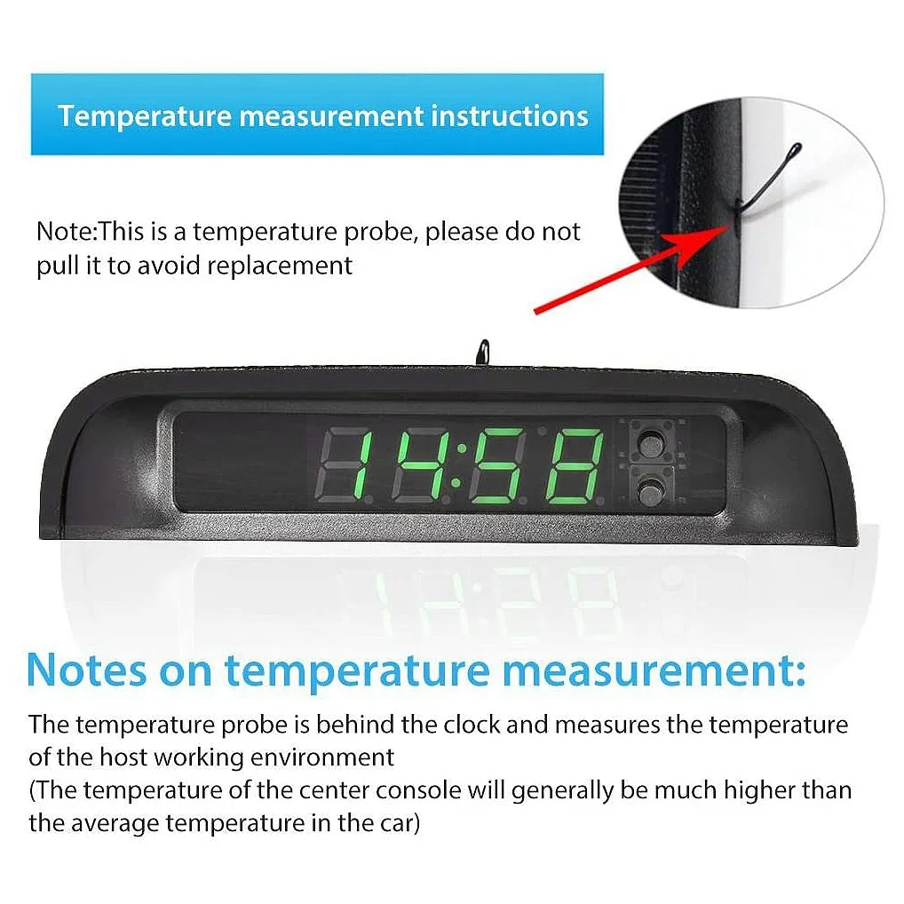 Car Clocks with Night Display Thermometer Auto Internal Stick-on Digital Watch Solar Powered 24-Hour Car