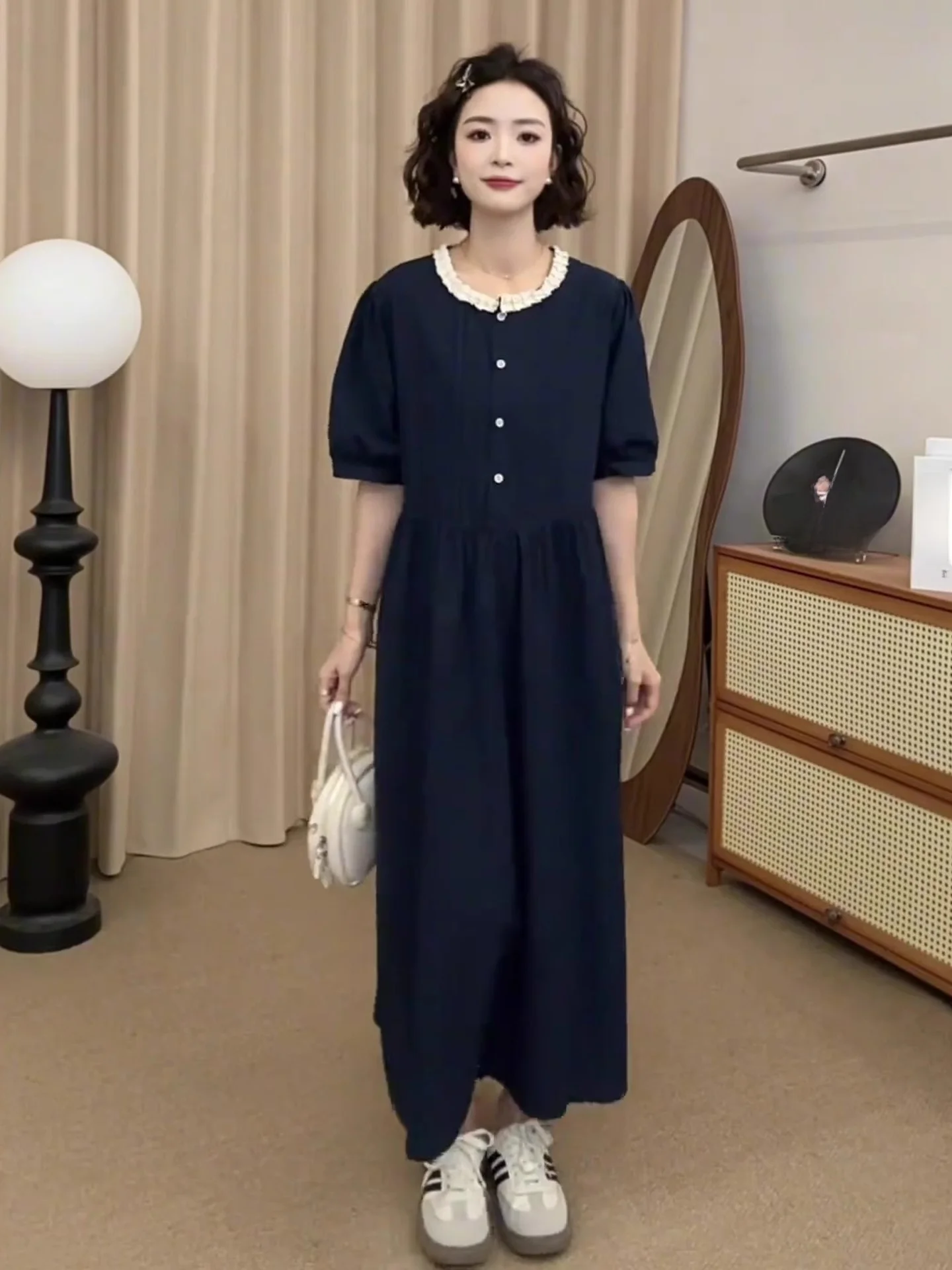 

plus Size Summer New Style Dark Blue Dress Hepburn Style Slimming Doll Dress Long Cotton Casual Loose Fit High Waist A-Line S...