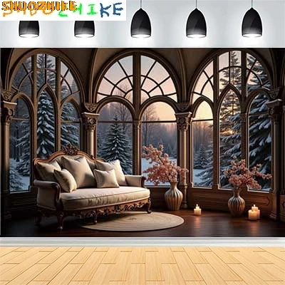 

Christmas Day New Year Party Photography Backdrops Prop Window Living Room Interior Xmas Tree Snow Theme Photo Background FN-67