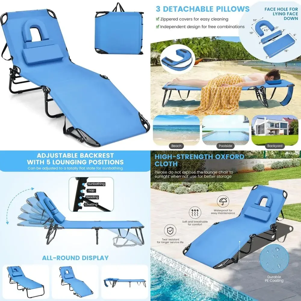

Beach Lounge Chair with Face Hole, 350lbs Capacity, Washable Pillow, Adjustable Folding Chaise for Outdoor Relaxation