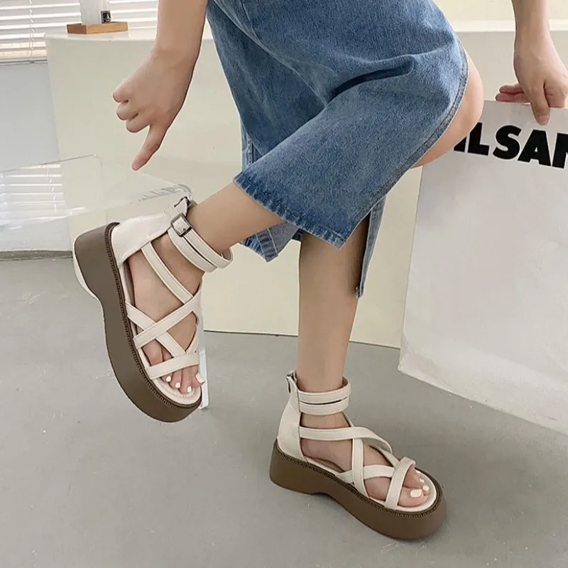 Solid Women Sandals 2024 New Summer Roman Hollow Thick-soled Sandales Women\'s Black Zipper Round Toe Open-toe Sandalias Mujer