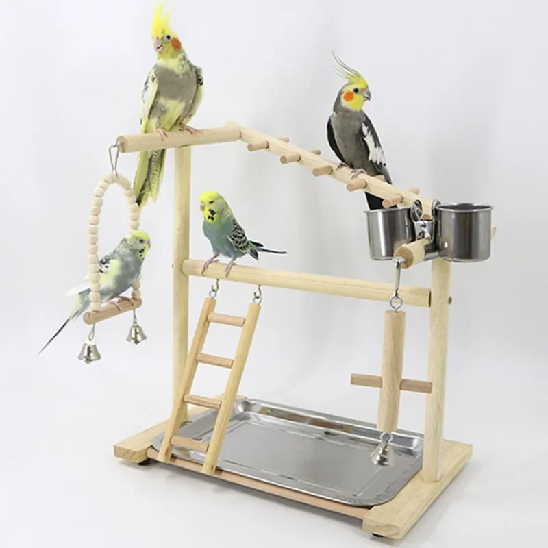 Parrot Playstand Bird Plays Stand Cockatiel Playground Wooden Perch Gym Playground Ladder Plate Bird Toy with Metal Feeder