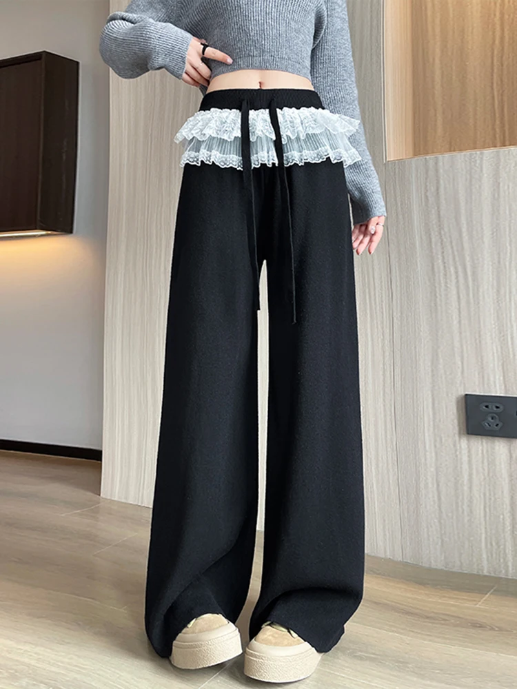 Calças de Perna Larga em Tricô com Detalhes em Renda para Mulheres, Novas e Bonitas, Calças Casuais de Outono com Sensação de Alta Qualidade