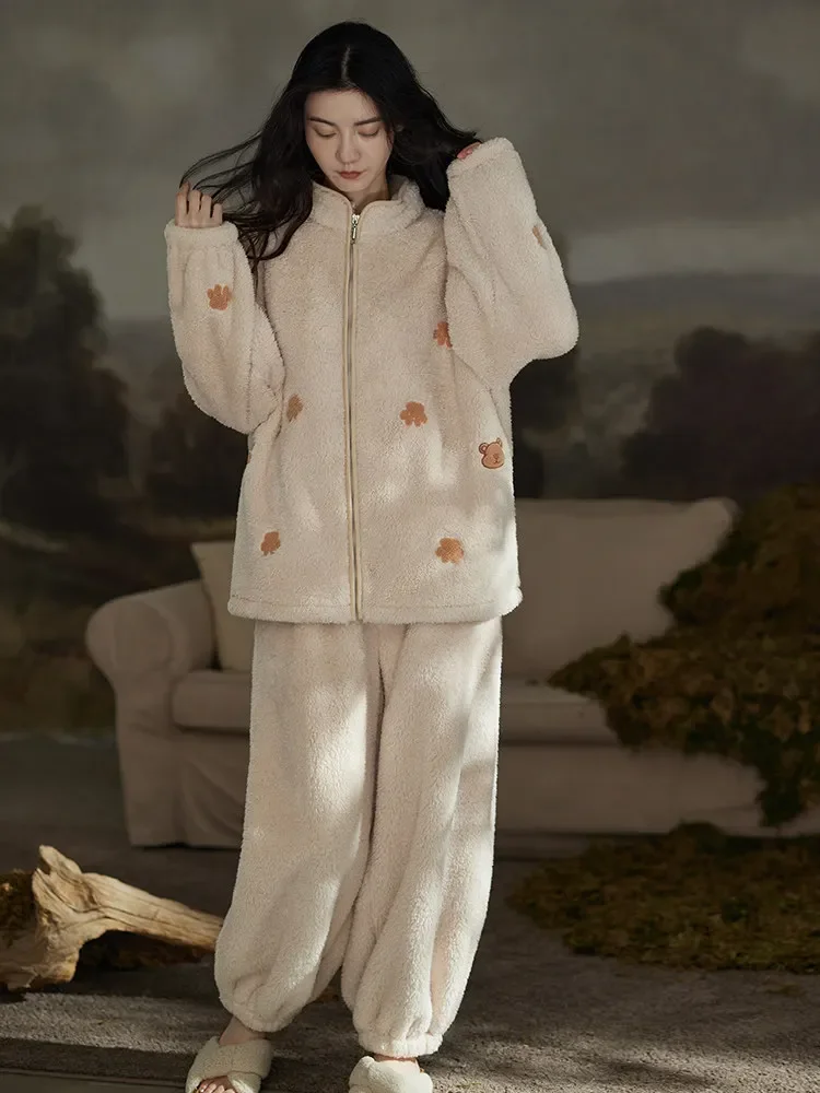 Autumn Winter Warm Coral Fleece Pajama Set for Women Casual Thickened Loungewear Zipper Long Sleeve Top and Elastic Waist Pants
