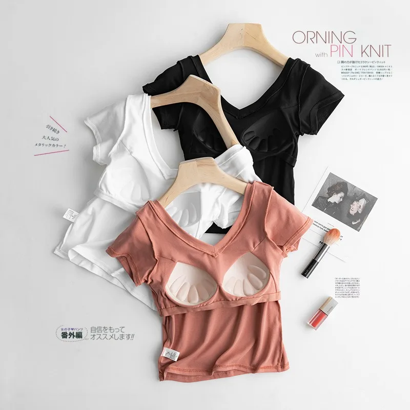 Cotton Short-Sleeve T-Shirt Chest Pads Women\'s Summer One-Piece Sleep Tops V-Neck Outer Wear Slim Sleepwear 1 Pcs Pajamas Sexy