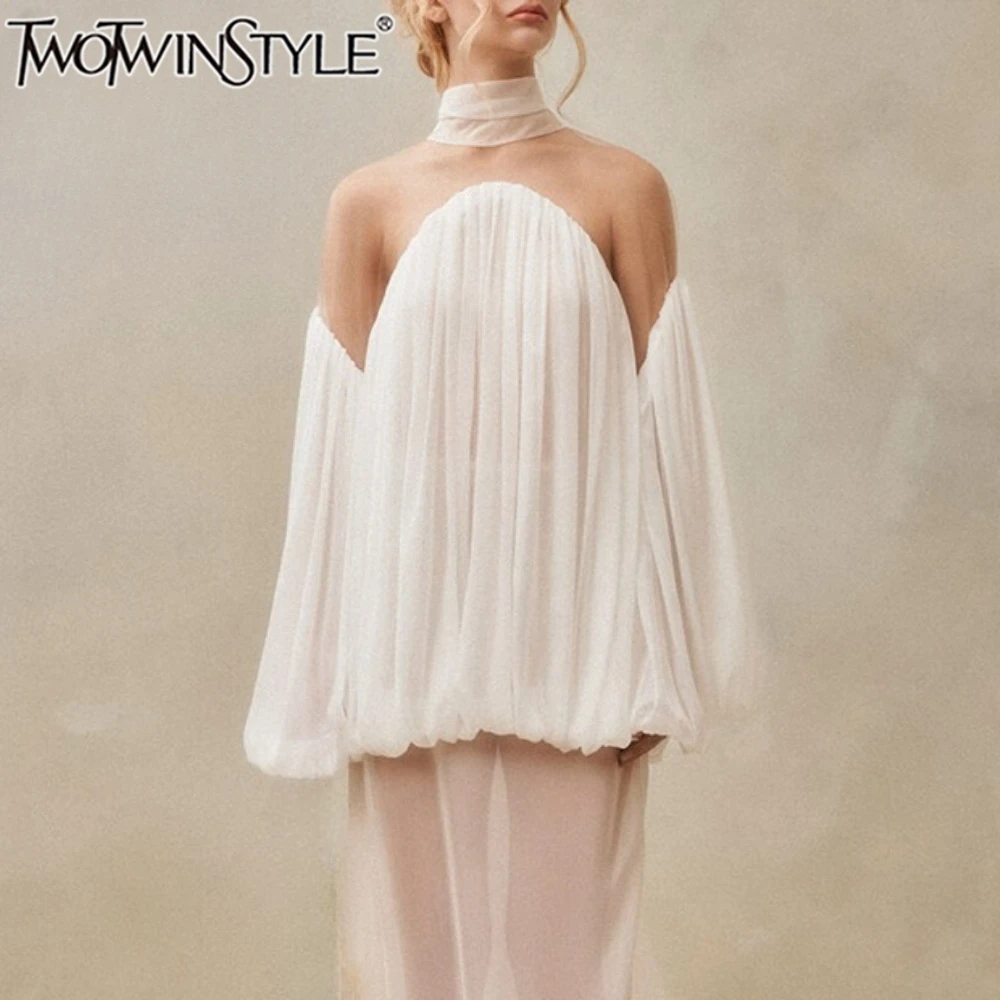 TWOTWINSTYLE Solid Loose Spliced Mesh Blouse for Women Round Neck Long Sleeves Patchwork Sheer Elegant Top Female Fashion Style