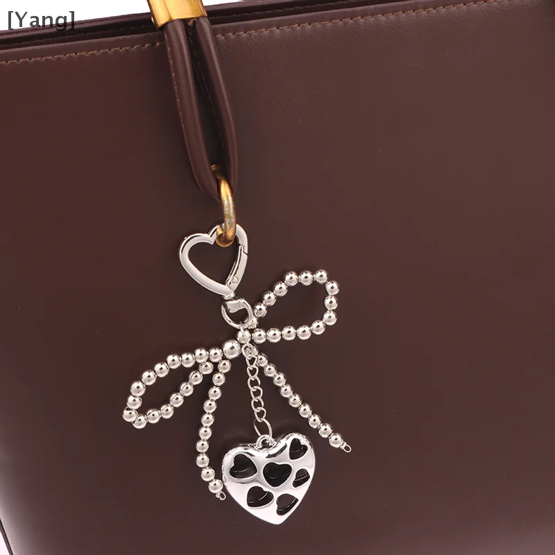 1 Piece Women Sweet Charm Pearl Bow Backpack Key Ring Bowknot Heart Keychain Handmade Jewelry Ornament Bags Pendants Gifts