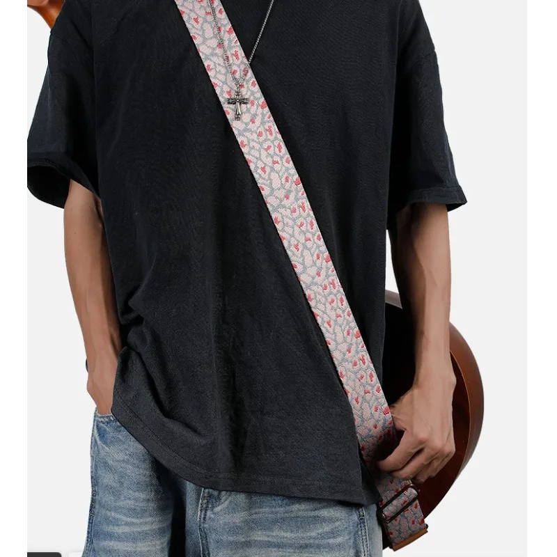 Widened Thickened Guitar Strap with Jacquard Plaid Leopard Design Comfort Acoustic Folk Guitars Guitar Strap Part Accessories
