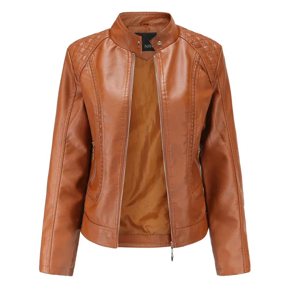 Women Faux Leather Coat Pu Coats Thin Jacket Full Sleeve Stand Collar Slim Fit Solid Sexy Regular Zipper Casual Splice Jackets