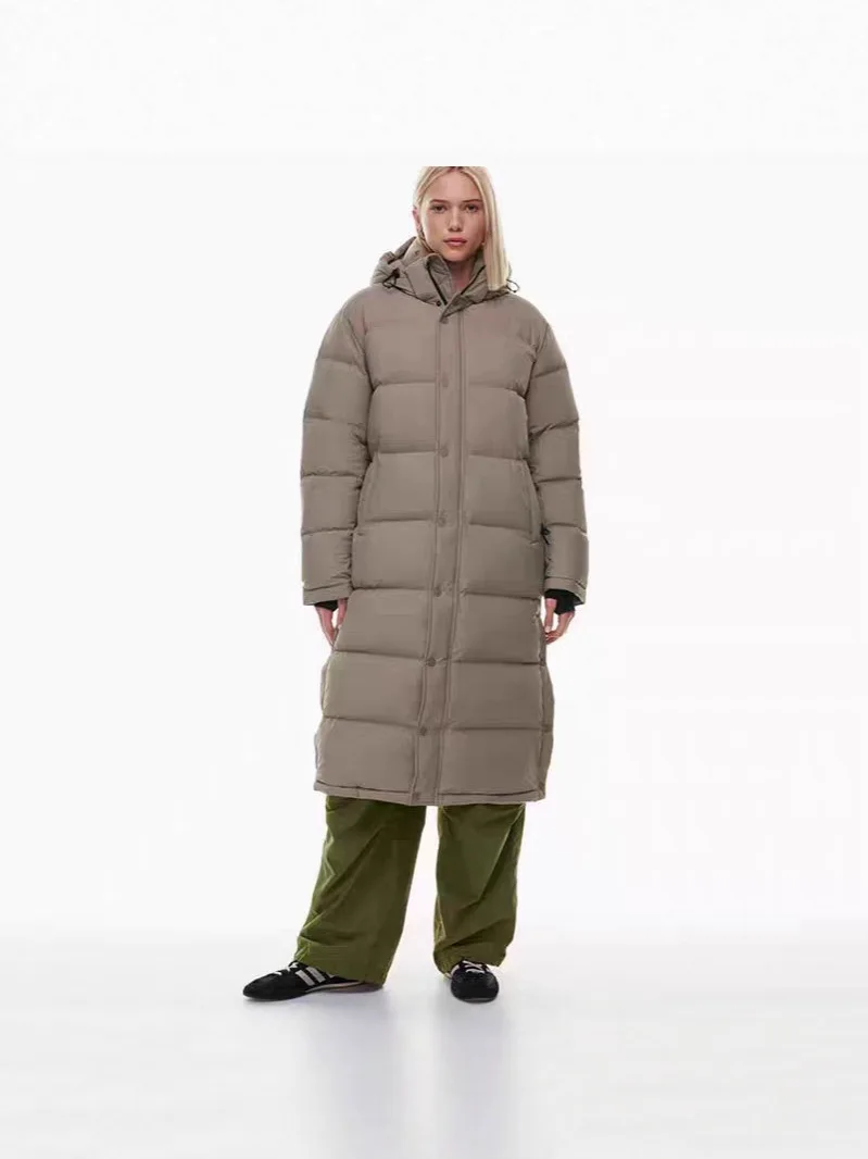 White Goose Down Over The Knee Down Jacket, Women's Puffs, Hooded Warm Bread Jacket, Winter New Long Style