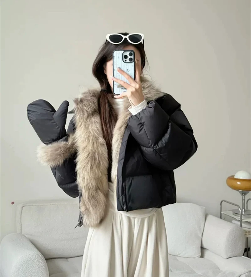 ZAROY Women's Winter Jacket Luxury Fox Fur Collar Puffy Thicken Warm Cotton Short Coat High Street Fashion Outwear Parkas куртка