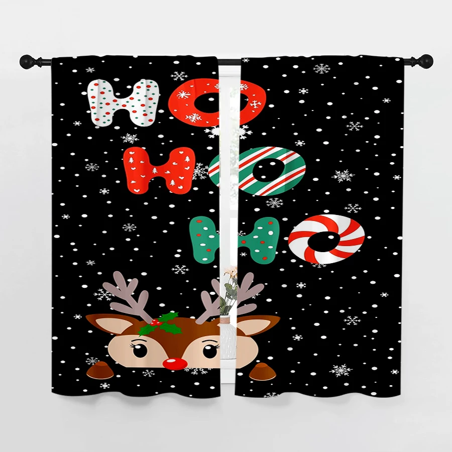 2PCS Christmas Curtains, Ho Ho Ho Reindeer, Digital Print, Bedroom Living Room Kitchen, Rod Pocket Polyester, Home Decor