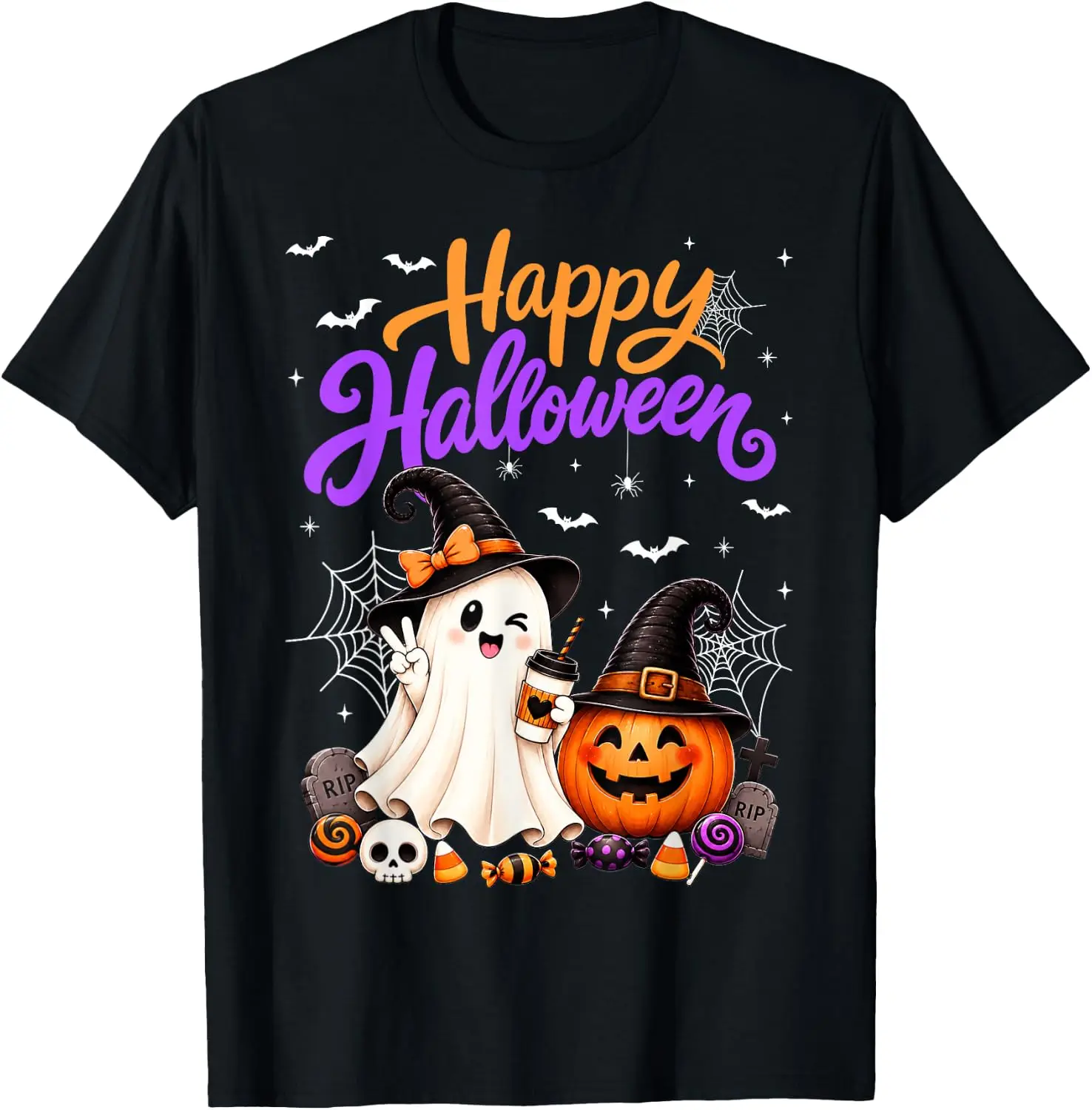 Happy Halloween Cute Ghost Pumpkin Spooky Men Women Kids T-Shirt Men Halloween Festival Printed Graphic Tee, Casual Crew Neck Short Sleeve Spooky Gothic T‑Shirt for Holiday Party and Halloween Gift for Men.