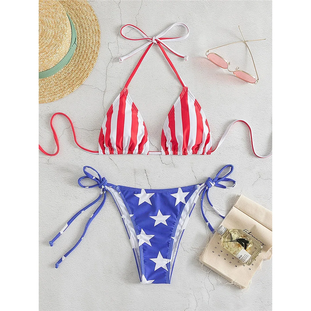 Flagge bedruckter, gestreifter Neckholder-Bikini mit hohem Beinausschnitt, Damen-Badeanzug, zweiteiliger Bikini-Set, Badebekleidung, Badeanzug, Schwimmanzug V5621 – Detail 8