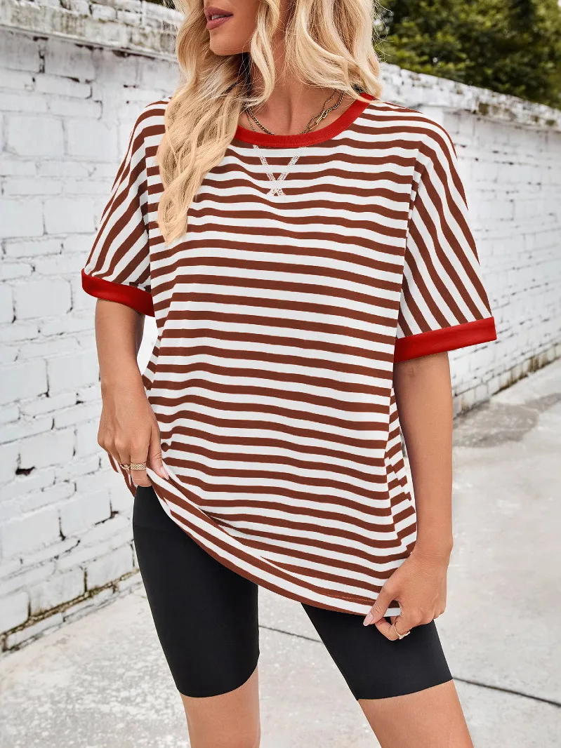 

Striped Roundne Batwing Sve Tirt Color Blo Summer Casual Women's Top Polyester Fabric ort Sve Printed Design