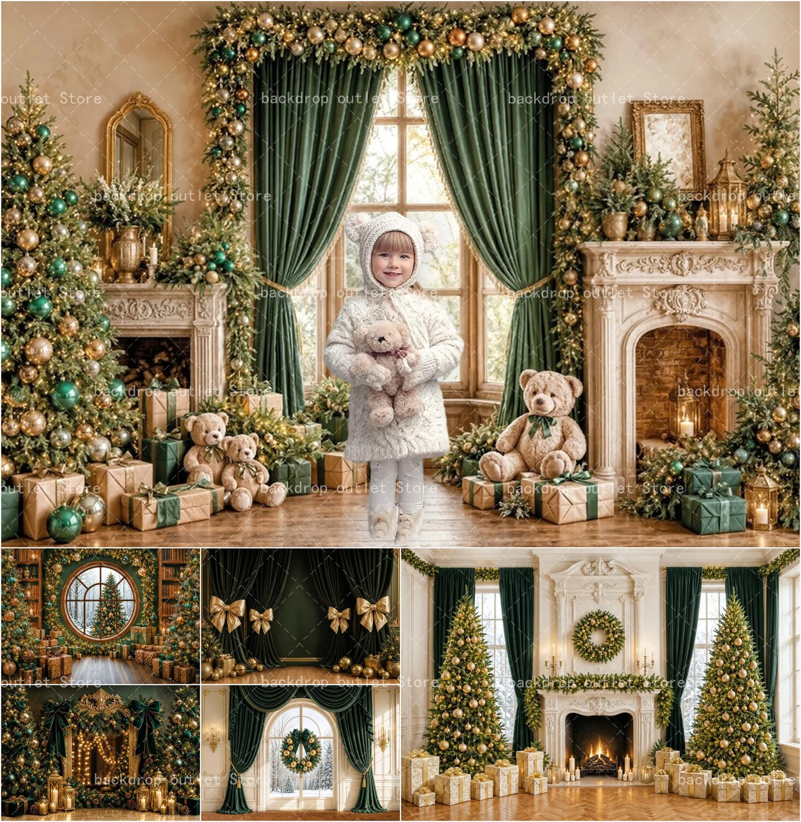 Mehofond Hintergrund für Fotografie, Weihnachten, grüne Vorhänge, Kamin, Kranz, Weihnachtsbaum, Kinderzimmer, Winter, Geburtstag, Fotohintergrund