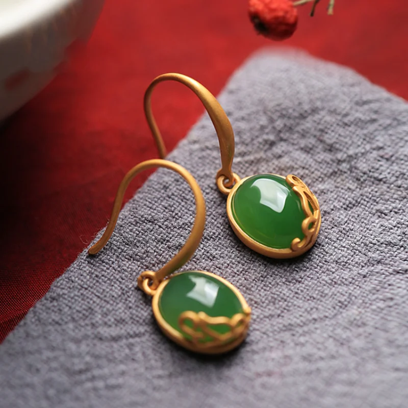 

Classic design natural Hetian jasper earrings for women Ancient gold craftsmanship vintage charm earings banquet Jewelry