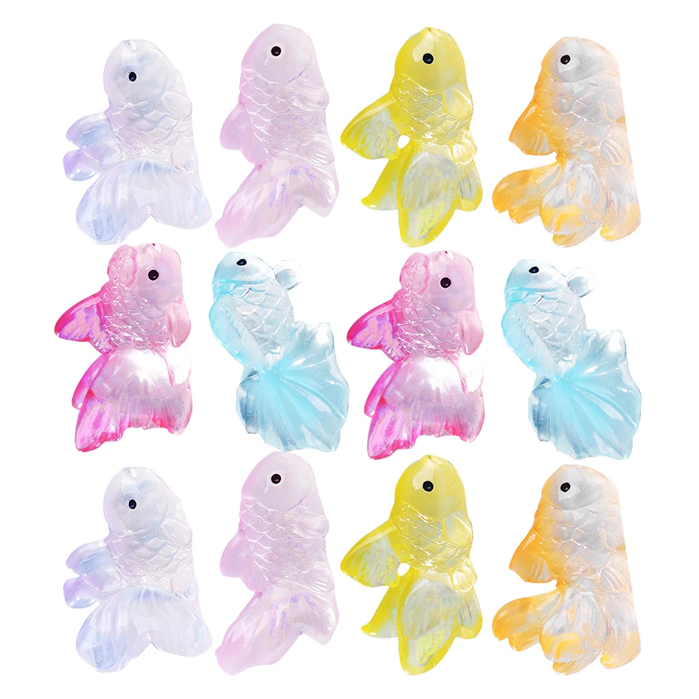 12 pcs Miniature Goldfish Statues Glow In The Dark Micro Landscape Resin Fish Figurines For Decor Marine Animal