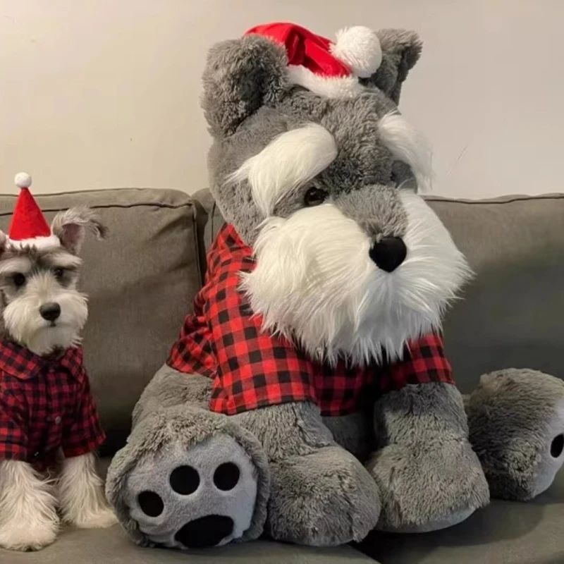 ตุ๊กตาชเนาเซอร์เหมือนจริงพร้อมหมวกซานต้า เสื้อเชิ้ตลายสก๊อต ตุ๊กตาสัตว์นุ่ม ตุ๊กตาขนาดใหญ่ ของขวัญคริสต์มาสสำหรับเด็กและผู้ใหญ่