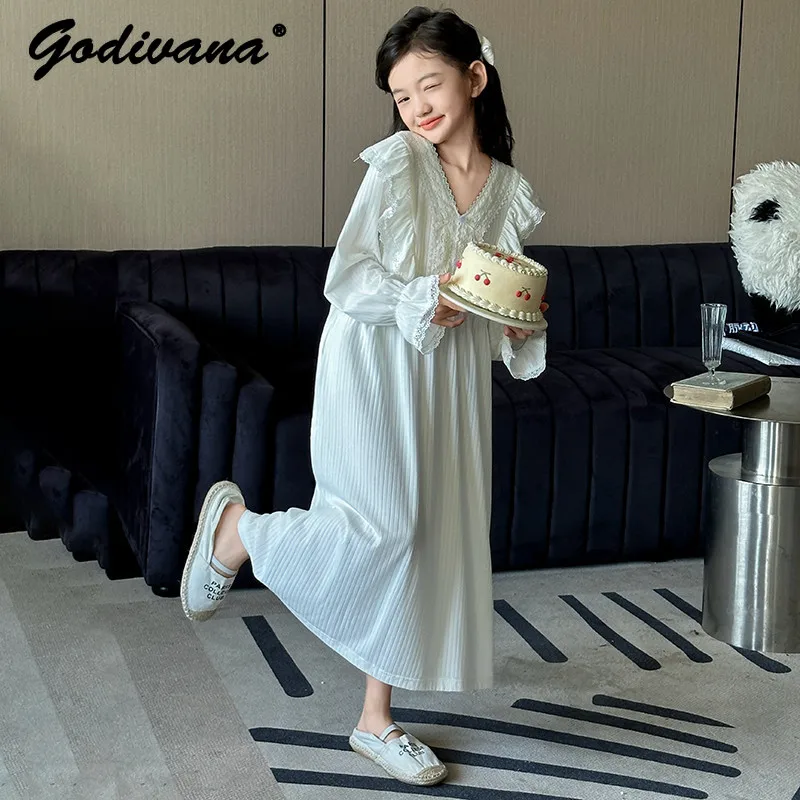 Sweet Baby Girls Cotton Court Nightgown Spring Autumn 2026 New Long Sleeve V-neck Lace Trim Loose Breathable Princess Sleepwear