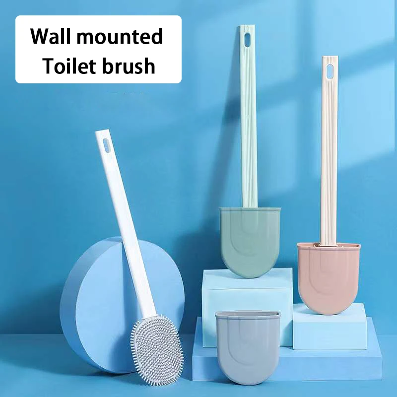 

Breathable Toilet Brush Water Leak Proof with Base Silicone Wc Flat Head Flexible Soft Bristles Brush with Quick Drying Holder