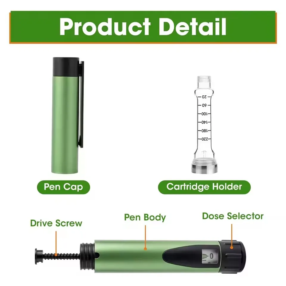 Green Metal 60U Reusable Injection Pen Shell w/ Case Universal Magic Pen Pet Medication Portable
