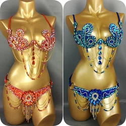 New Samba Carnival Wire Carnival Wire Bra Waist Belt 2pcs/Set Belly Dance Wear Professional Sexy Stage Rainbow stones CB010