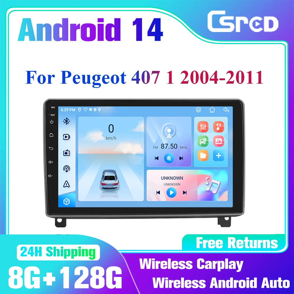 Csred Android 14 Car Radio For Peugeot 407 2004-2011 Multimedia Player Auto Navigation GPS Wireless CarPlay 2Din AI Wifi 4G