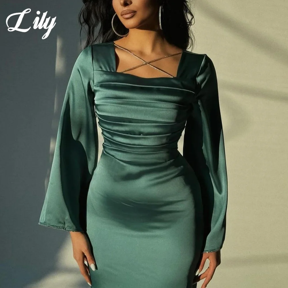

Lily Green Evening Dresses Satin Square Neckline Long Regular Sleeve فساتين السهرة with Pleats Trumpet Party Dress C