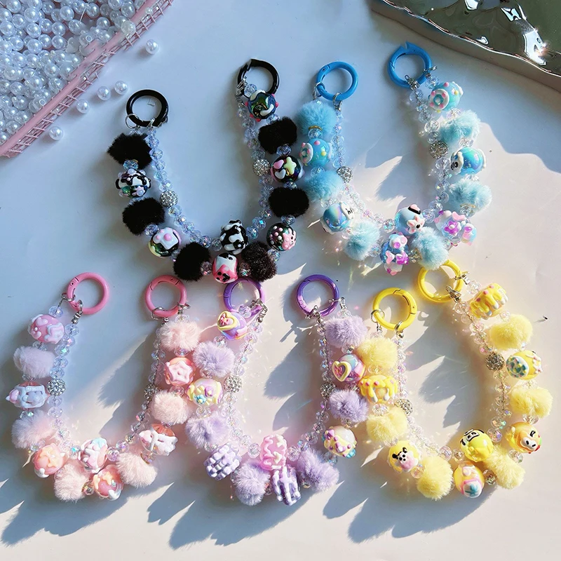 Hairball Hand Painted Phone Chain Beads Keychain Sweet Girl Anti-lost Wrist Strap Bracelet Earphone Case Charm Bag Decor