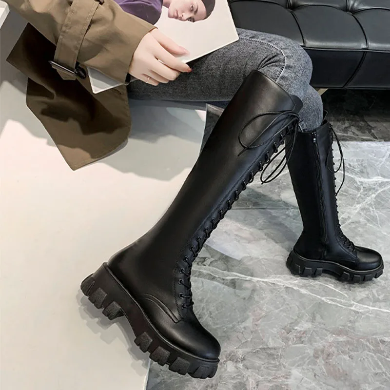 Sexy Knee-high Boots Solid Round  Lace-up Shoes for Women PU Laether Motorcycle Botas De Mujer Platform Chelsea Zapatillas Mujer