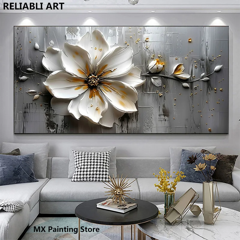 

Canvas Painting with Abstract Floar Poster,Wall Art Picture, White Flower with On A Gray Background,Home Decor, Unframed