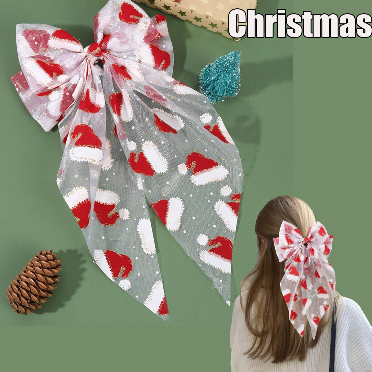 

Christmas Mesh Bow Hair Clip Santa Hat Embroidery Hairpin Tull Large Bownot Barrette For Women Girls Xmas Party Hair Accessories