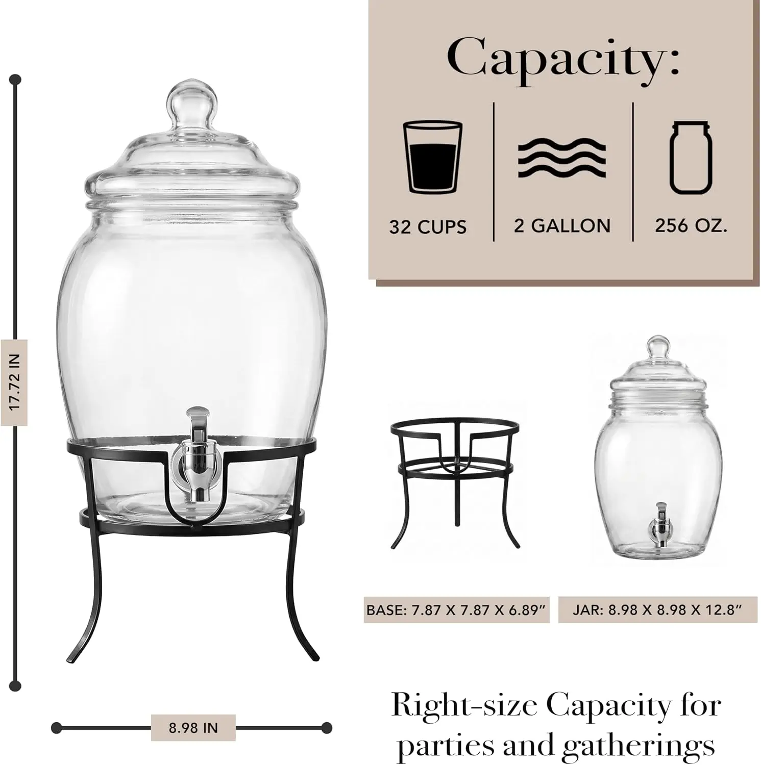 Glass Beverage Drink Dispenser Fortuna with Metal Stand, 2 Gal